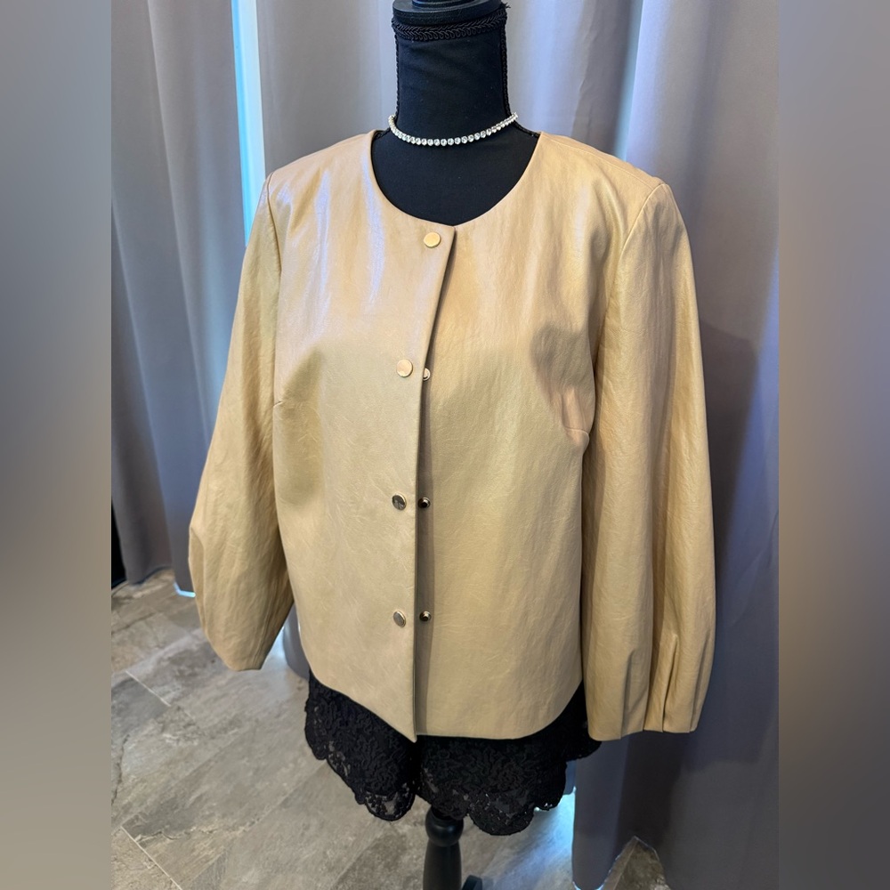 Camel  Balloon Sleeve Jacket with gold snap front.